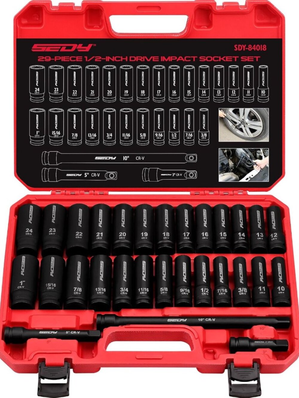 29-Piece Impact Socket Set, 1/2" Drive, SAE & Metric, Durable CR-V, Deep